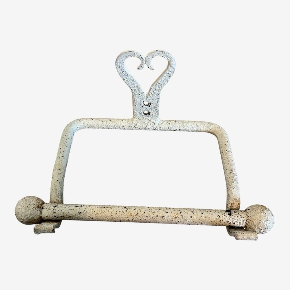 Vintage Cast Iron Heart Toilet Paper Holder White Speckled Farmhouse Wall